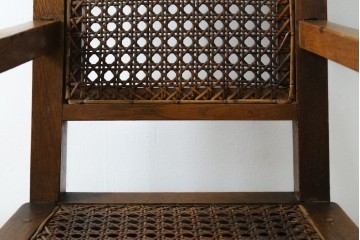 和製アンティーク　古いナラ材の象嵌入りラタン張りチャイルドチェア　(R-073413)