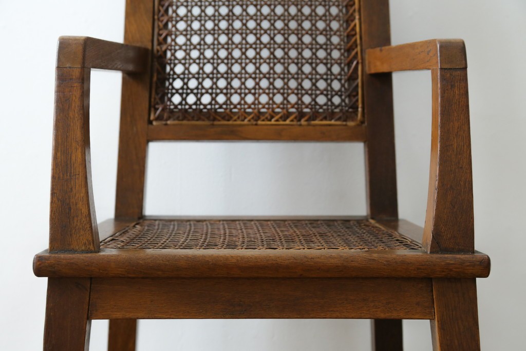 和製アンティーク　古いナラ材の象嵌入りラタン張りチャイルドチェア　(R-073413)