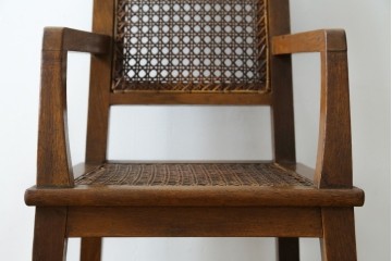和製アンティーク　古いナラ材の象嵌入りラタン張りチャイルドチェア　(R-073413)