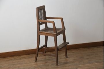 和製アンティーク　古いナラ材の象嵌入りラタン張りチャイルドチェア(キッズチェア、アームチェア、ダイニングチェア、こども椅子、子どもイス)(R-073413)