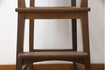 和製アンティーク　古いナラ材の象嵌入りラタン張りチャイルドチェア(キッズチェア、アームチェア、ダイニングチェア、こども椅子、子どもイス)(R-073413)