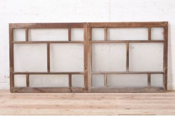 アンティーク建具　大正ロマン　古い木味が魅力のガラス窓2枚セット(引き戸、ガラス戸)(R-073443)