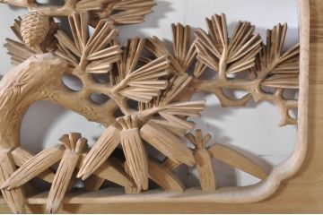 ビンテージ建具　井波彫刻　紅雲作　躍動感あふれる松竹梅の彫りが目を惹く彫刻欄間2枚セット(明かり取り、明り取り、在銘有り、ヴィンテージ)(R-073466)