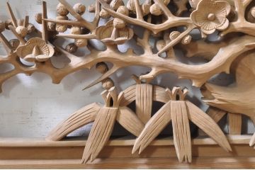 ビンテージ建具　井波彫刻　紅雲作　躍動感あふれる松竹梅の彫りが目を惹く彫刻欄間2枚セット(明かり取り、明り取り、在銘有り、ヴィンテージ)(R-073466)