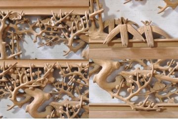 ビンテージ建具　井波彫刻　紅雲作　躍動感あふれる松竹梅の彫りが目を惹く彫刻欄間2枚セット(明かり取り、明り取り、在銘有り、ヴィンテージ)(R-073466)