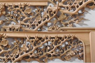ビンテージ建具　井波彫刻　紅雲作　躍動感あふれる松竹梅の彫りが目を惹く彫刻欄間2枚セット(明かり取り、明り取り、在銘有り、ヴィンテージ)(R-073466)