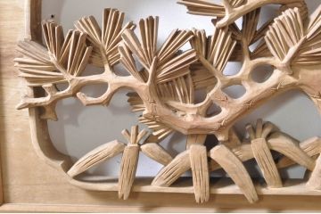 ビンテージ建具　井波彫刻　紅雲作　躍動感あふれる松竹梅の彫りが目を惹く彫刻欄間2枚セット(明かり取り、明り取り、在銘有り、ヴィンテージ)(R-073466)