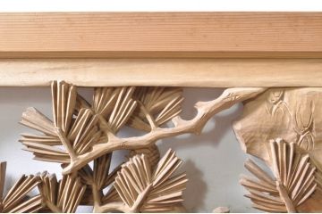 ビンテージ建具　井波彫刻　紅雲作　躍動感あふれる松竹梅の彫りが目を惹く彫刻欄間2枚セット(明かり取り、明り取り、在銘有り、ヴィンテージ)(R-073466)