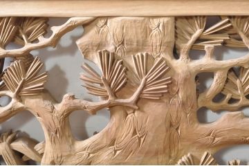 ビンテージ建具　井波彫刻　紅雲作　躍動感あふれる松竹梅の彫りが目を惹く彫刻欄間2枚セット(明かり取り、明り取り、在銘有り、ヴィンテージ)(R-073466)