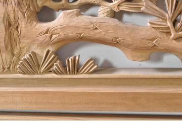 ビンテージ建具　井波彫刻　紅雲作　躍動感あふれる松竹梅の彫りが目を惹く彫刻欄間2枚セット(明かり取り、明り取り、在銘有り、ヴィンテージ)(R-073466)