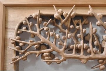 ビンテージ建具　井波彫刻　紅雲作　躍動感あふれる松竹梅の彫りが目を惹く彫刻欄間2枚セット(明かり取り、明り取り、在銘有り、ヴィンテージ)(R-073466)