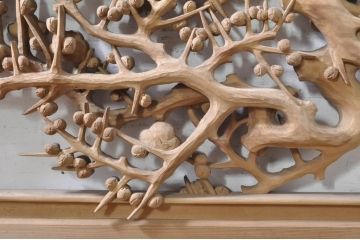 ビンテージ建具　井波彫刻　紅雲作　躍動感あふれる松竹梅の彫りが目を惹く彫刻欄間2枚セット(明かり取り、明り取り、在銘有り、ヴィンテージ)(R-073466)
