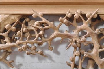 ビンテージ建具　井波彫刻　紅雲作　躍動感あふれる松竹梅の彫りが目を惹く彫刻欄間2枚セット(明かり取り、明り取り、在銘有り、ヴィンテージ)(R-073466)