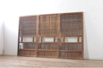 アンティーク建具　珍しい造りのガラス帯が目を惹く風情のある裏障子付き格子戸3枚セット(引き戸、障子戸、ガラス帯戸)(R-073505)