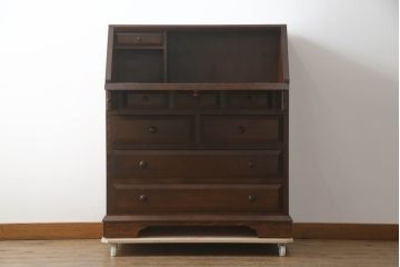 中古　美品!!　松本民芸家具　T型　シックで上品な佇まいが魅力のライティングビューロー(ワークデスク、簿記机、在宅用、在宅ワーク用、収納棚、戸棚)(R-073527)