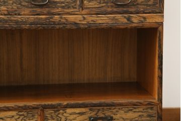 和製アンティーク　前面黒柿　独特な杢目が目を惹く二段重ねの茶箪笥(茶棚、収納棚、戸棚)(R-073560)