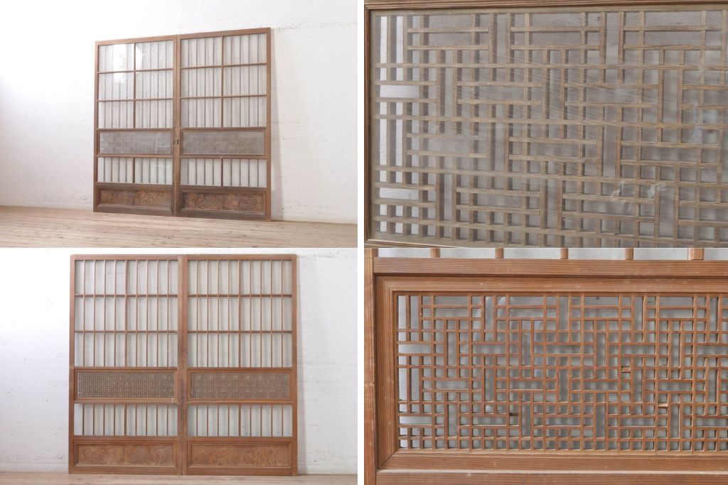 アンティーク建具　落ち着いた和の雰囲気を演出する組子入りガラス戸2枚セット(引き戸)(R-073570)