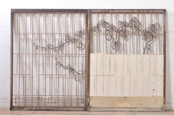 アンティーク建具　ひょうたんの繊細な意匠が趣溢れる障子窓2枚セット(引き戸、障子戸、窓)(R-073579)