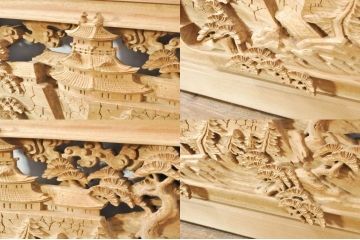 アンティーク建具　井波彫刻　和挙刀　富山名所巡り図　緻密で迫力のある彫りが見事な彫刻欄間2枚セット(一対、明かり取り、明り取り)(R-073596)