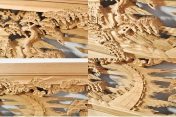 アンティーク建具　井波彫刻　和挙刀　富山名所巡り図　緻密で迫力のある彫りが見事な彫刻欄間2枚セット(一対、明かり取り、明り取り)(R-073596)