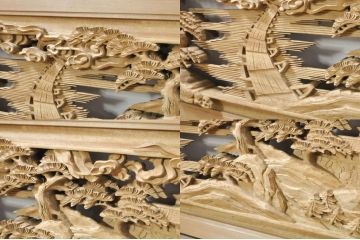 アンティーク建具　井波彫刻　和挙刀　富山名所巡り図　緻密で迫力のある彫りが見事な彫刻欄間2枚セット(一対、明かり取り、明り取り)(R-073596)