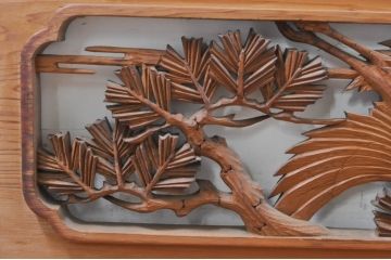 ビンテージ建具　躍動感あふれる鶴と松が目を惹く彫刻欄間2枚セット(明かり取り、明り取り、ヴィンテージ)(R-073598)
