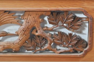 ビンテージ建具　躍動感あふれる鶴と松が目を惹く彫刻欄間2枚セット(明かり取り、明り取り、ヴィンテージ)(R-073598)
