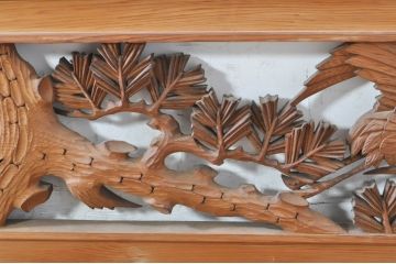 ビンテージ建具　躍動感あふれる鶴と松が目を惹く彫刻欄間2枚セット(明かり取り、明り取り、ヴィンテージ)(R-073598)
