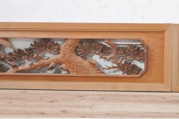 ビンテージ建具　躍動感あふれる鶴と松が目を惹く彫刻欄間2枚セット(明かり取り、明り取り、ヴィンテージ)(R-073598)