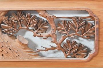 ビンテージ建具　躍動感あふれる鶴と松が目を惹く彫刻欄間2枚セット(明かり取り、明り取り、ヴィンテージ)(R-073598)