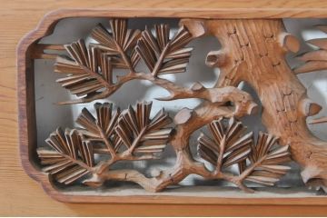 ビンテージ建具　躍動感あふれる鶴と松が目を惹く彫刻欄間2枚セット(明かり取り、明り取り、ヴィンテージ)(R-073598)