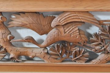 ビンテージ建具　躍動感あふれる鶴と松が目を惹く彫刻欄間2枚セット(明かり取り、明り取り、ヴィンテージ)(R-073598)