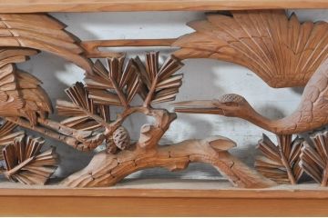 ビンテージ建具　躍動感あふれる鶴と松が目を惹く彫刻欄間2枚セット(明かり取り、明り取り、ヴィンテージ)(R-073598)