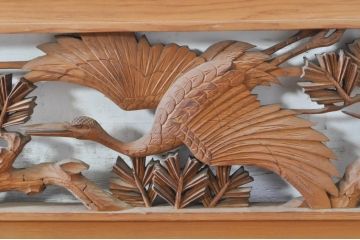 ビンテージ建具　躍動感あふれる鶴と松が目を惹く彫刻欄間2枚セット(明かり取り、明り取り、ヴィンテージ)(R-073598)
