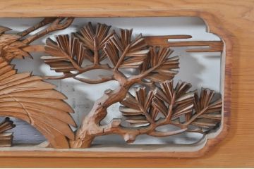 ビンテージ建具　躍動感あふれる鶴と松が目を惹く彫刻欄間2枚セット(明かり取り、明り取り、ヴィンテージ)(R-073598)