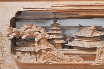 ビンテージ建具　東峯刀　繊細な彫刻と躍動感あるデザインが見事な彫刻欄間2枚セット(明り取り、明かり取り、在銘あり、ヴィンテージ)(R-073599)