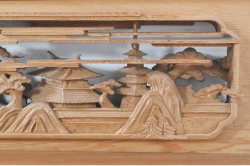 ビンテージ建具　東峯刀　繊細な彫刻と躍動感あるデザインが見事な彫刻欄間2枚セット(明り取り、明かり取り、在銘あり、ヴィンテージ)(R-073599)