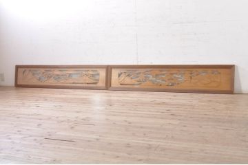 ビンテージ建具　風情ある松と城の図柄が美しい彫刻欄間2枚セット(明かり取り、明り取り、ヴィンテージ)(R-073601)