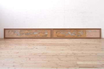 ビンテージ建具　風情ある松と城の図柄が美しい彫刻欄間2枚セット(明かり取り、明り取り、ヴィンテージ)(R-073601)