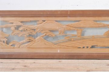 ビンテージ建具　風情ある松と城の図柄が美しい彫刻欄間2枚セット(明かり取り、明り取り、ヴィンテージ)(R-073601)