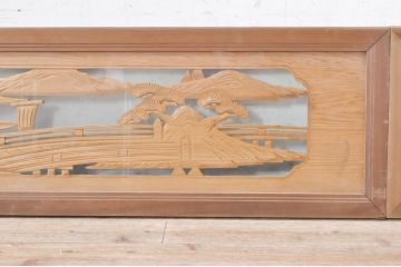 ビンテージ建具　風情ある松と城の図柄が美しい彫刻欄間2枚セット(明かり取り、明り取り、ヴィンテージ)(R-073601)