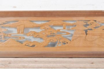 ビンテージ建具　風情ある松と城の図柄が美しい彫刻欄間2枚セット(明かり取り、明り取り、ヴィンテージ)(R-073601)