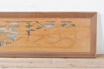 ビンテージ建具　風情ある松と城の図柄が美しい彫刻欄間2枚セット(明かり取り、明り取り、ヴィンテージ)(R-073601)