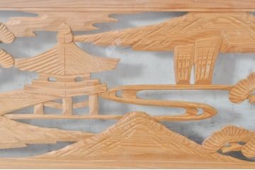 ビンテージ建具　風情ある松と城の図柄が美しい彫刻欄間2枚セット(明かり取り、明り取り、ヴィンテージ)(R-073601)