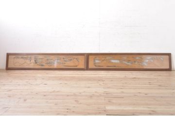 ビンテージ建具　風情ある松と城の図柄が美しい彫刻欄間2枚セット(明かり取り、明り取り、ヴィンテージ)(R-073601)
