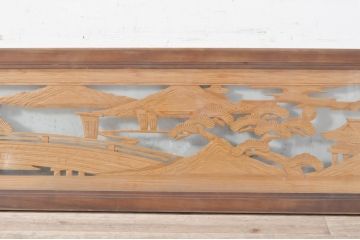 ビンテージ建具　風情ある松と城の図柄が美しい彫刻欄間2枚セット(明かり取り、明り取り、ヴィンテージ)(R-073601)