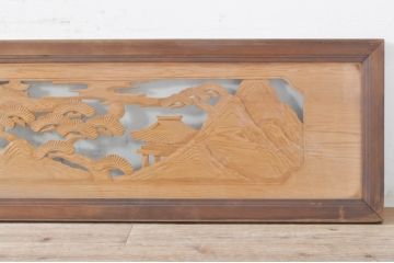 ビンテージ建具　風情ある松と城の図柄が美しい彫刻欄間2枚セット(明かり取り、明り取り、ヴィンテージ)(R-073601)