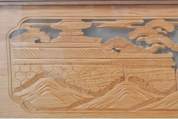 ビンテージ建具　風情ある松と城の図柄が美しい彫刻欄間2枚セット(明かり取り、明り取り、ヴィンテージ)(R-073601)