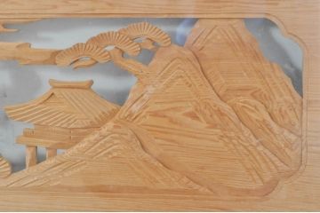 ビンテージ建具　風情ある松と城の図柄が美しい彫刻欄間2枚セット(明かり取り、明り取り、ヴィンテージ)(R-073601)