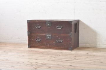 和製アンティーク　作りの良い金具の総桐材二本松箪笥ローボード(ローチェスト、引き出し、衣装箪笥、整理タンス、時代箪笥、収納たんす、テレビ台、テレビボード)(R-073626)